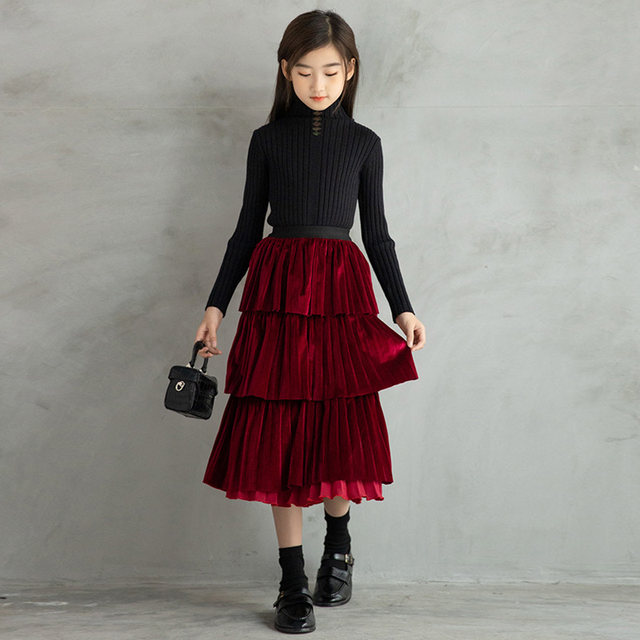 Girls sweater suit foreign style net red velvet skirt 2022 autumn and winter little girl cake skirt two-piece set