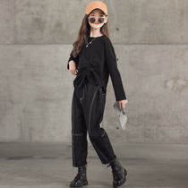 2021 autumn new childrens two-piece irregular long-sleeved round neck T-shirt contrast small feet Harun long pants tide
