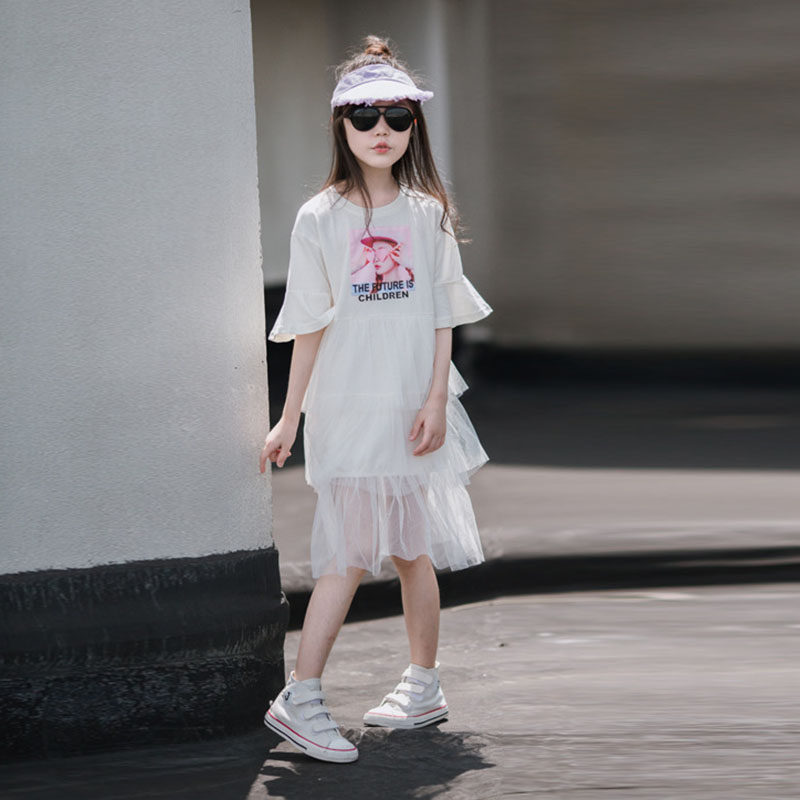Girl Fake Two Splicing Princess Dresses Summer Han Edition Net Red Cake Dresses Big Boy Foreign Pie Mesh Fluffy Dress