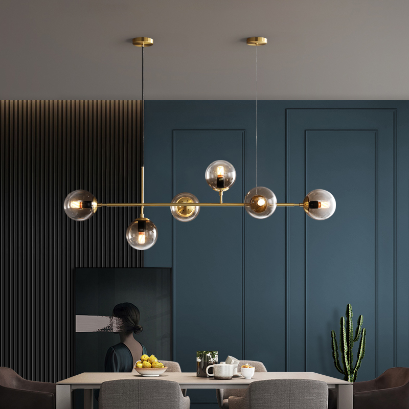 All-Copper Long Strip Dining Room Chandelier Designer Light Luxury High-End Modern Minimalist Dining Table Island Glass Chandelier