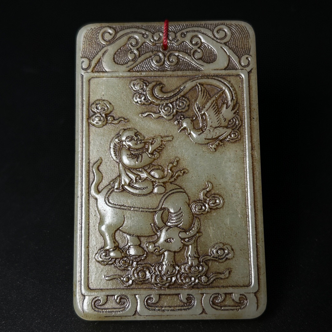 清代天然和田玉子冈牌玉佩挂件老玉和田玉浮雕人物子冈玉牌文玩