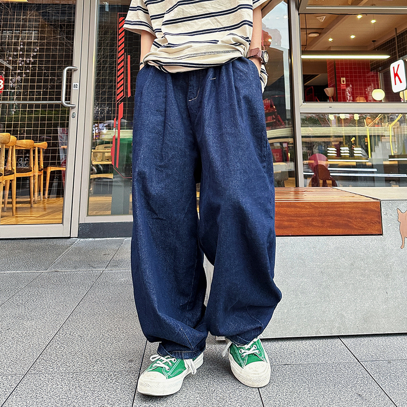 Xbro Japanese Retro Silhouette Slimming Lantern Pants Unisex Loose Wide-Leg Jeans with Drape and Vintage Wash