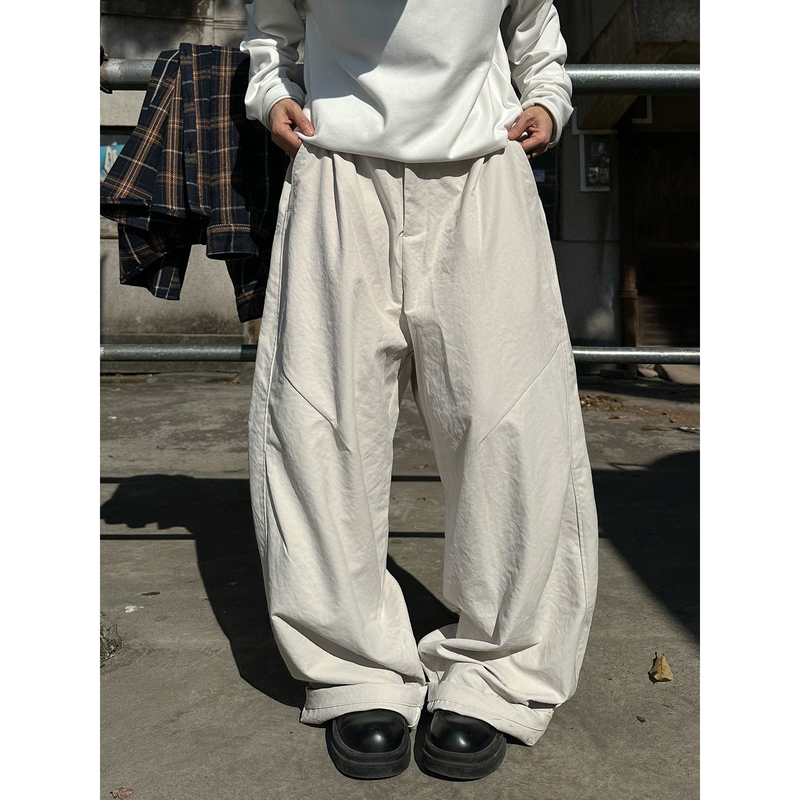 Xbro Japanese Retro Drapey Slimming Floor-Length Trousers, Casual Light-Colored Scimitar-Shaped Wide-Leg Pants for Men and Women