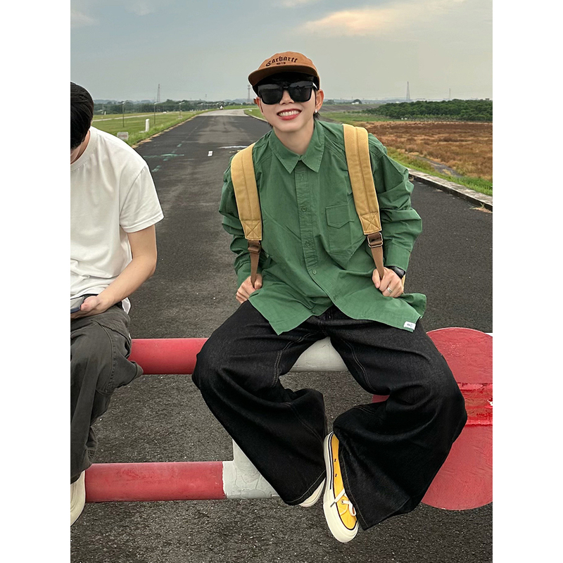 Xbro Japanese Retro Vintage Spring and Autumn Loose Green Long-Sleeved Shirt Unisex Commuter Solid Color Shirt Jacket Bf