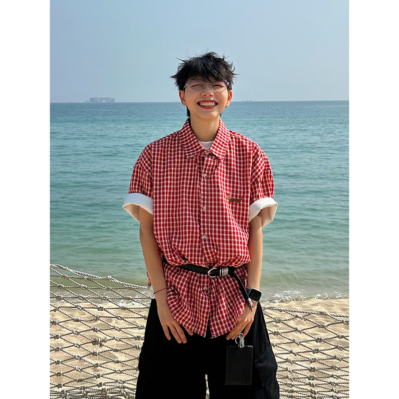 Xbro American Retro Dachshund Dopamine Five-Quarter Sleeve Red Plaid Shirt Unisex Short-Sleeve Loose Shirt Bf