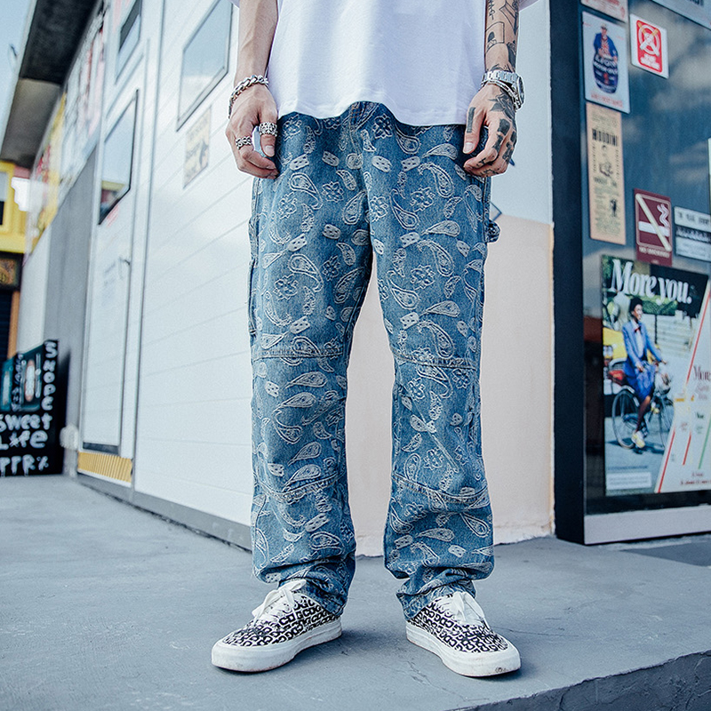 Tide Street West Coast Cambrian Flower Hiphop Hiphop Lax Man and Female Blue Wide Leg Jeans