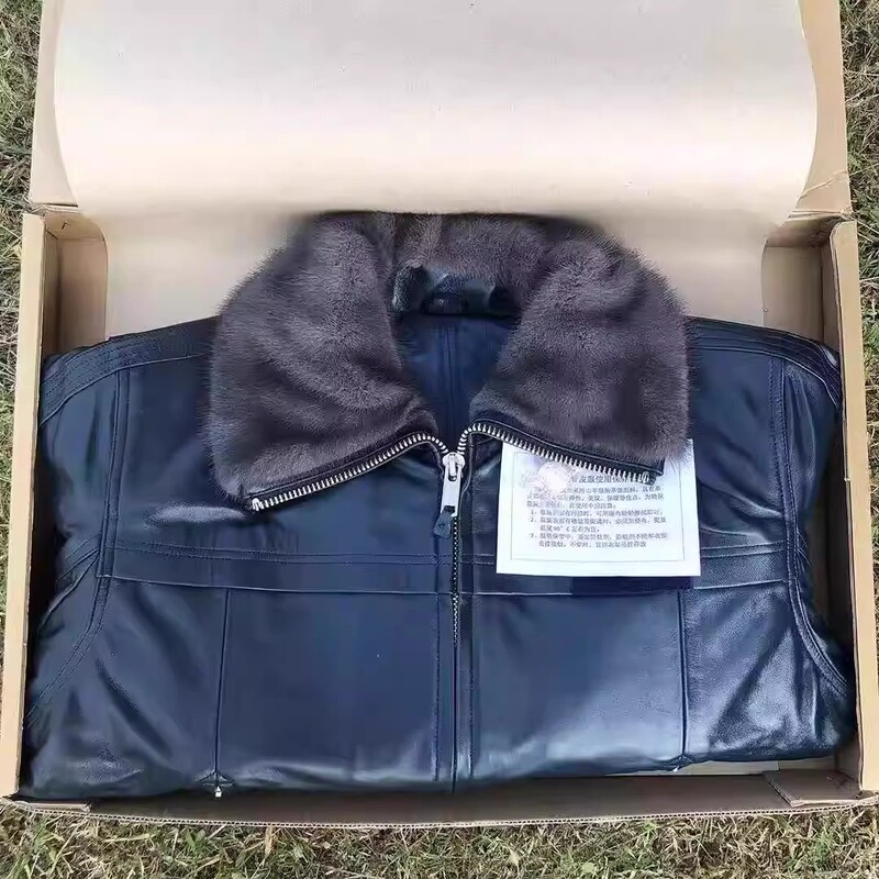Genuine Leather 02 Winter Flight Leather Jacket Men's Winter Zip-Up Leather Coat with Turn-Down Collar Casual Motorcycle Jacket