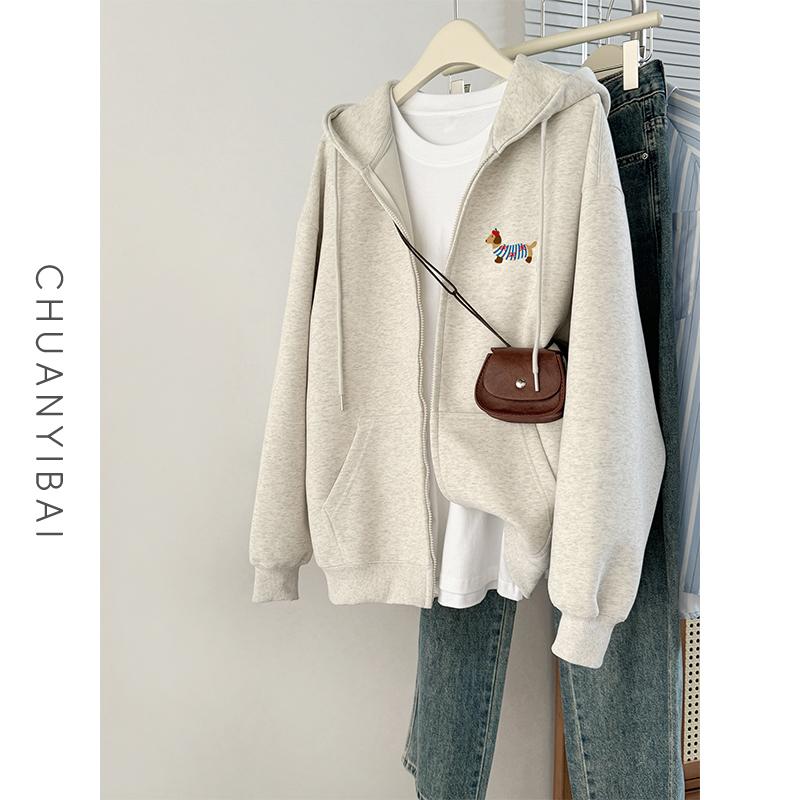 グレーのフード付きダックスフンドカーディガンスウェットシャツレディース2025春秋新作韓国風ゆったりレイジースタイルジャケット