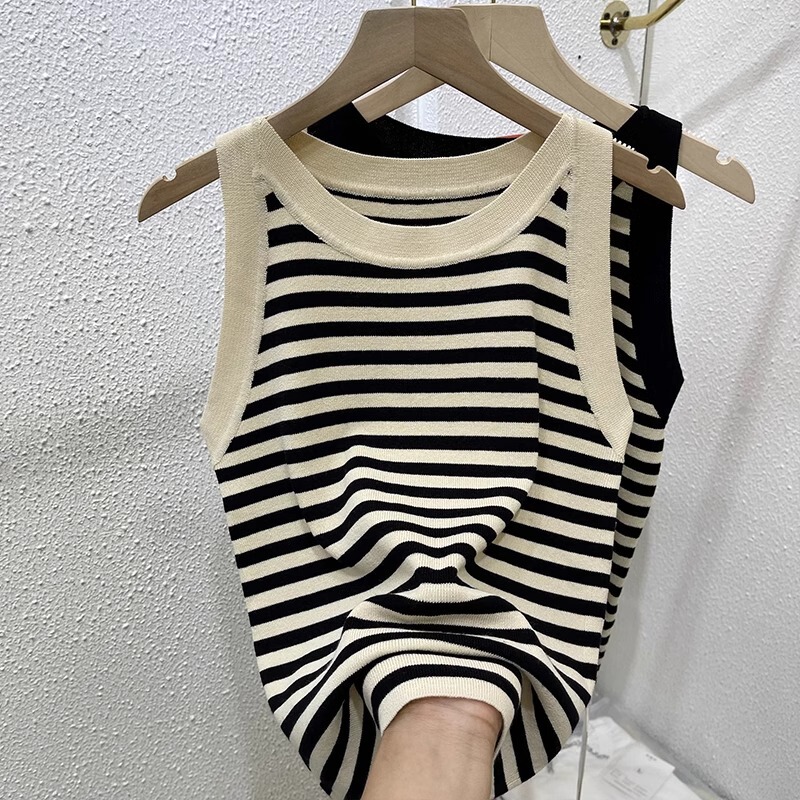 Extra Large Size 150kg Camisole Striped Tank Top for Women, Summer Slim-Fit Knitted Inner Wear, Sleeveless T-Shirt, Ice Silk Plus-Size Top