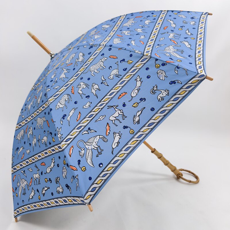 【Sky Blue Forest Style Animal】Japanese Round Bamboo Wooden Umbrella, Dual-Use for Sun and Rain, Windproof Long Handle Small Umbrella for Women