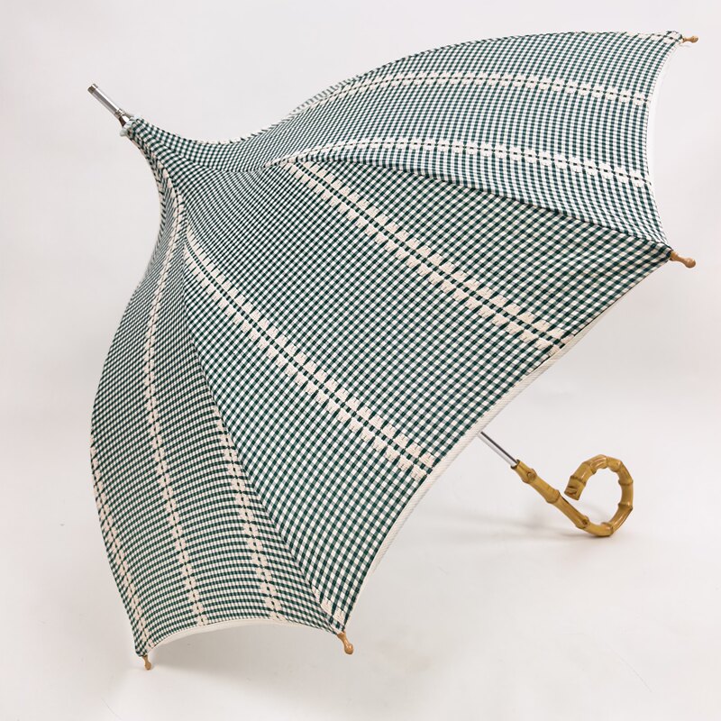 [Victoria Green and White Checkered Pagoda Umbrella] Japanese Cotton Bamboo Manual Lightweight Long-Handle Photography Sunshade Umbrella for Women