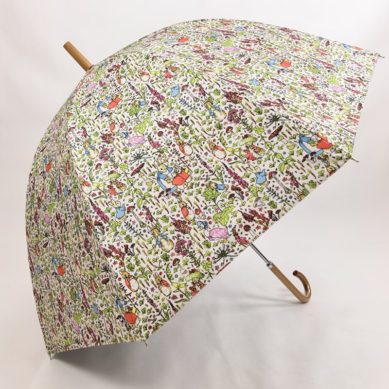[Fairy Tale Illustration Peter Rabbit] Japanese Wooden Handle Apollo Arched Vinyl Manual Dual-Use Umbrella for Rain or Shine, Long Handle for Women