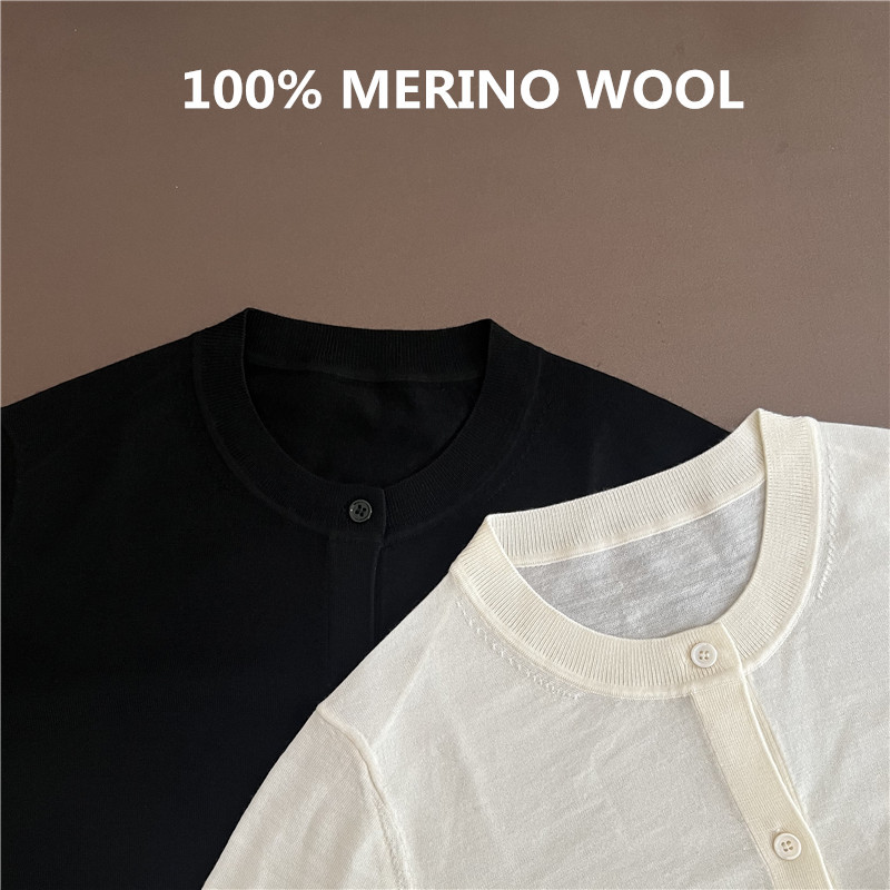 Bi Ultra-Fine Merino 100% Pure Wool Knitted Cardigan for Women, Round Neck, Loose, Thin Sweater Jacket, V-Neck Top