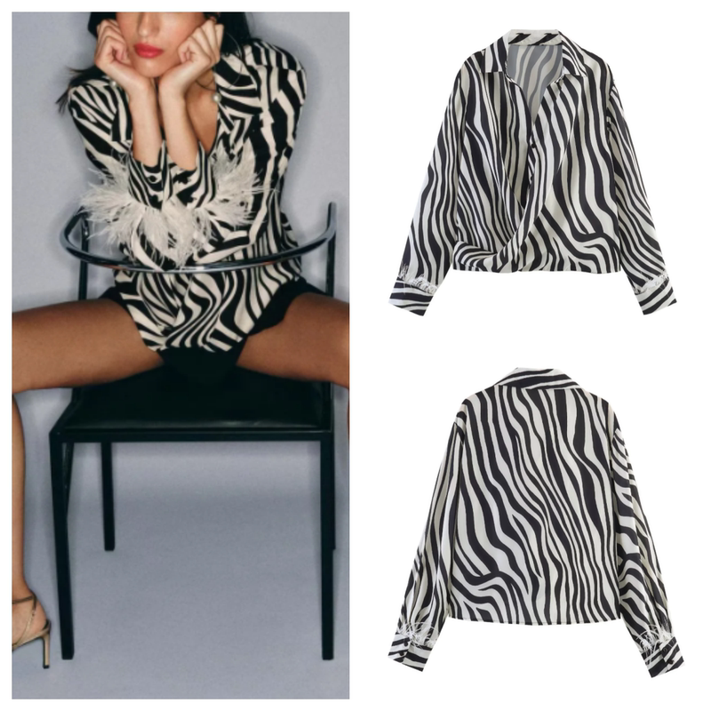 Zxuanxuan Women's Long-Sleeved Lapel Shirt with Feather Trim and Zebra Print 3222195 Zxuanxuan Women's Long-Sleeved Lapel Shirt with Feather Trim and Zebra Print 3222195