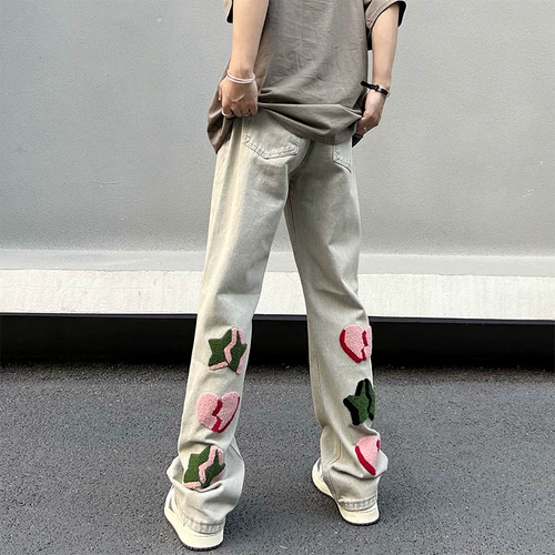 Осенние японские прямые свободные джинсы, штаны, с вышивкой, свободный прямой крой