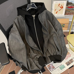 Spring and Autumn holiday two-piece leather jacket men's hooded distressed handsome casual trendy brand American high street Japanese retro jacket