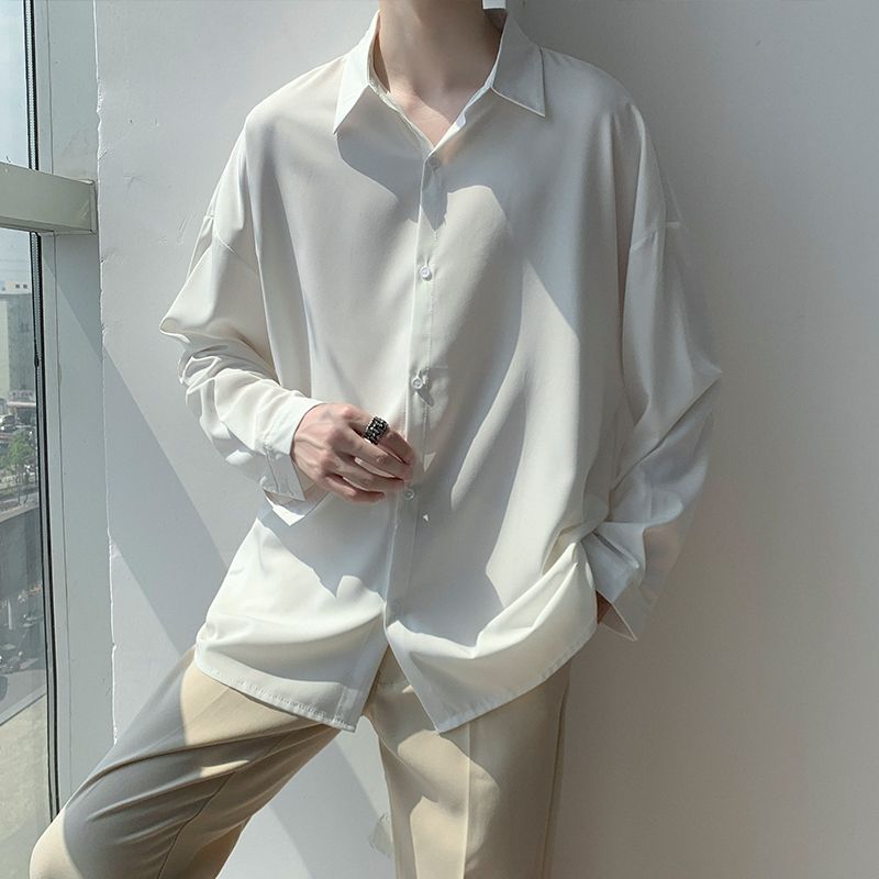 Summer Thin Solid Color Shirt for Men, Long-Sleeved, Casual, Drapey, Stylish, Hong Kong Style, Japanese Style, Loose, Quick-Drying, Ice Silk Sun Protection Clothing