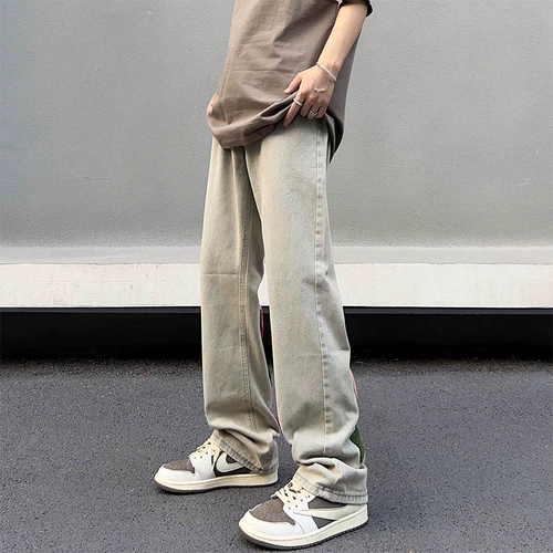 Осенние японские прямые свободные джинсы, штаны, с вышивкой, свободный прямой крой