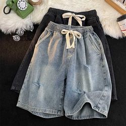 2024 summer elastic waist ripped denim shorts men's trendy brand casual washed versatile handsome Japanese style pants ຫ້າຈຸດ