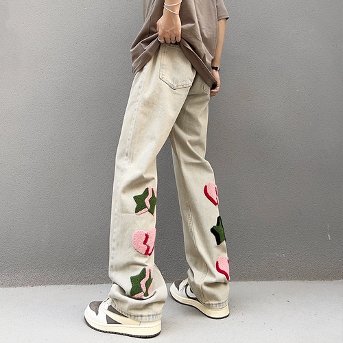 Осенние японские прямые свободные джинсы, штаны, с вышивкой, свободный прямой крой