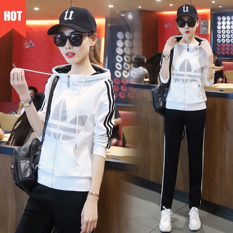 Spring and autumn fashion running fitness clothing clover sweater sports suit women's large size slim casual two-piece trendy