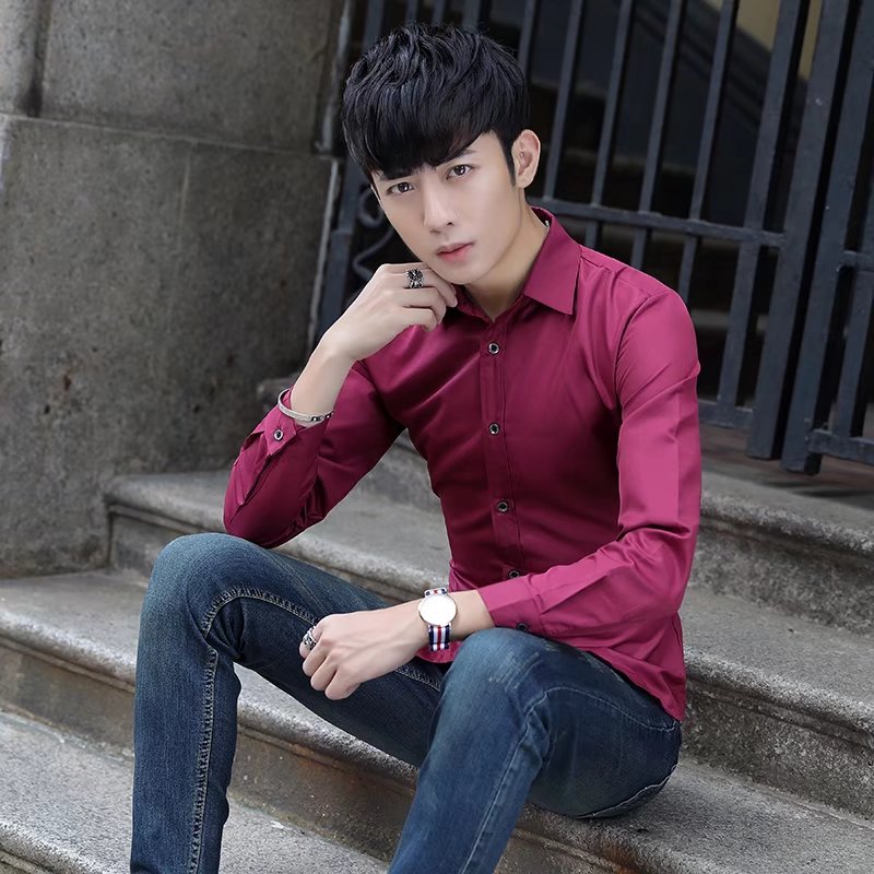 Anh em nhóm chú rể quần áo áo dài tay nam đất cỡ lớn Slim váy cưới đẹp trai chú rể áo sơ mi jean nam