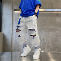 2021 New Spring Clothing Childrens Cave Jeans Boy Harbor Wind Washed up Ocean Gas Easy to Large Child Casual Pants Tide