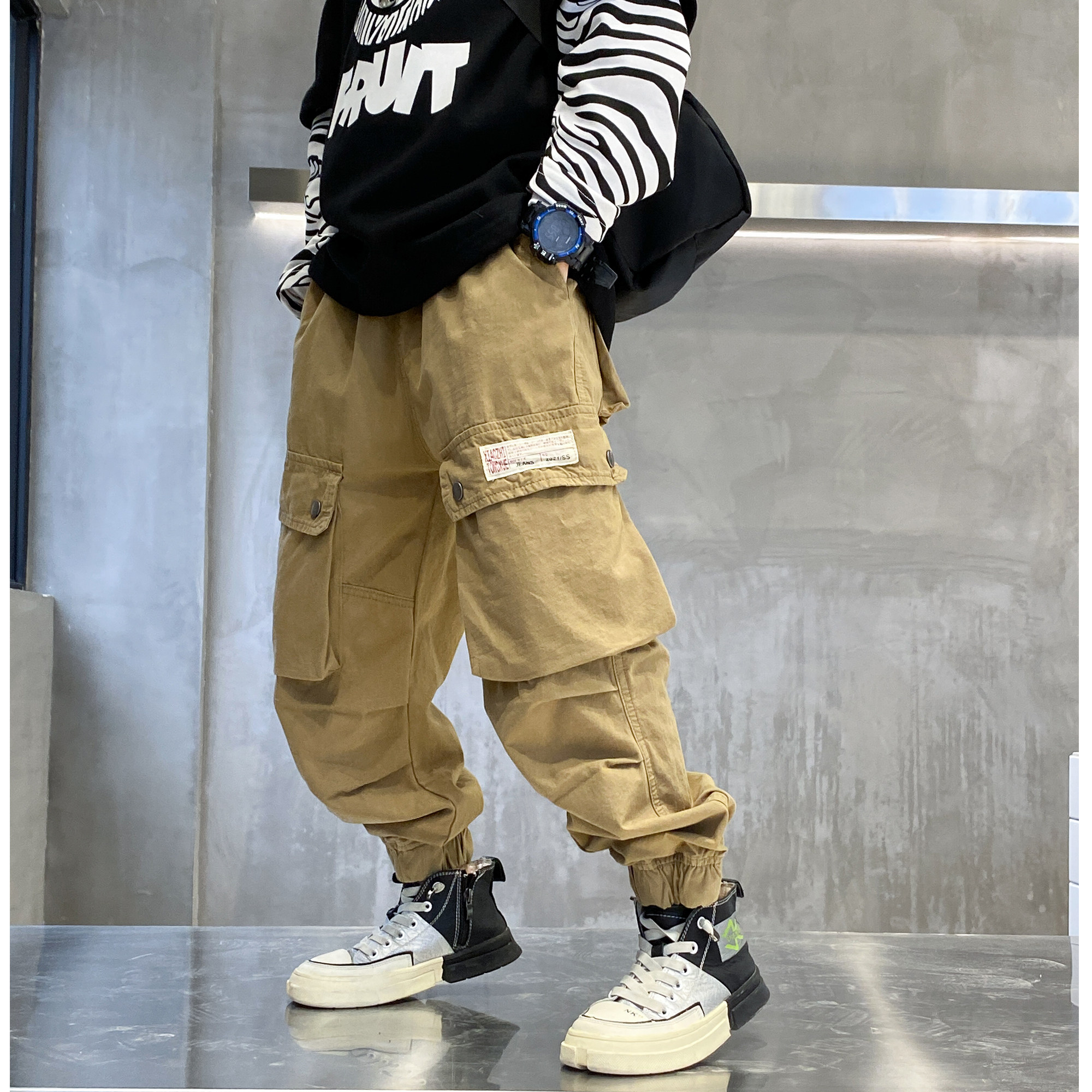 Day Ensemble Card Its Color Large Pocket Work Pants Boy 2021 New Spring Dress Foreign Pie Loose Casual Pants Big Boy Tide