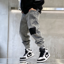  2021 new spring childrens stitching old jeans boys Hong Kong style Western style trend middle and large childrens casual pants