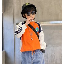 Boys spring and autumn clothing 2021 new splicing collision color Han version printed round collar blouses CUHK Tong Trend