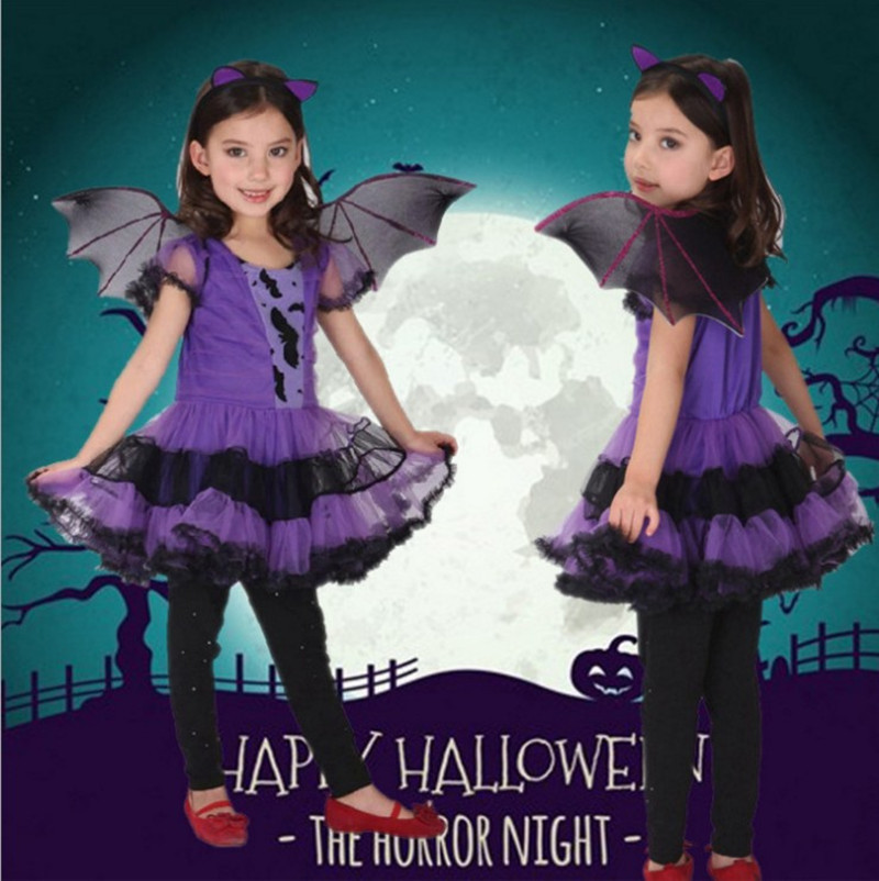 Child Halloween costume girl purple bat wingsuit child cosplay witch perform out of service