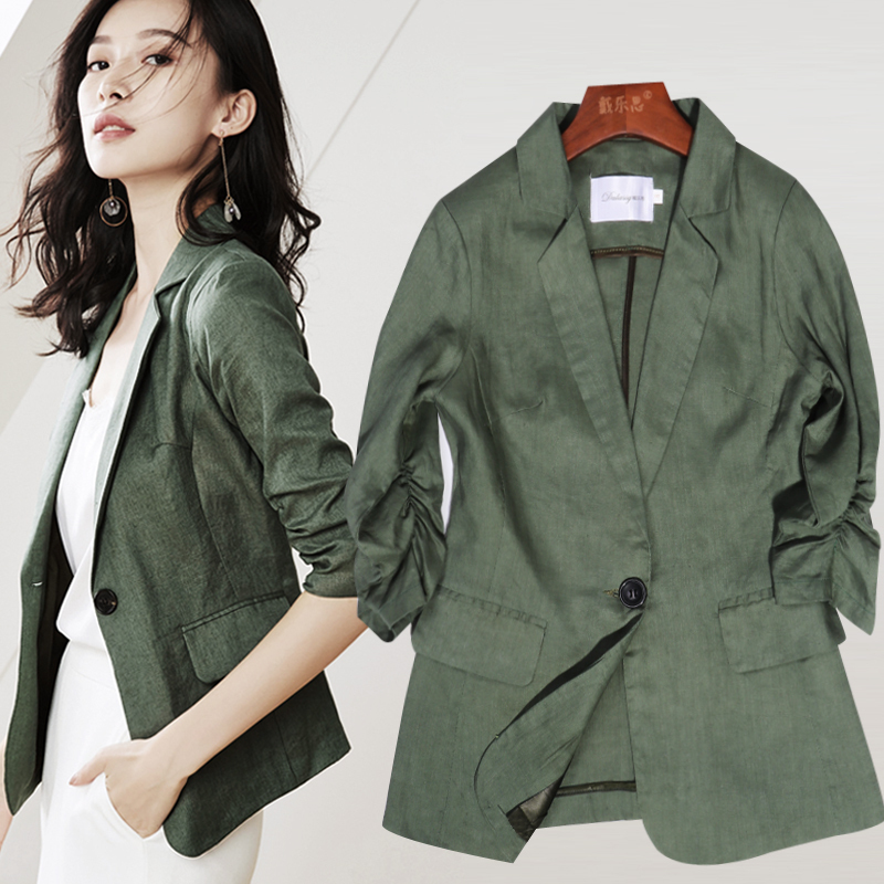 Summer Thin Pure Linen Blazer for Women, Casual New Matcha Green Plus Size Cotton-Linen Suit Jacket with Three-Quarter Sleeves Summer Thin Pure Linen Blazer for Women, Casual New Matcha Green Plus Size Cotton-Linen Suit Jacket with Three-Quarter Sleeves