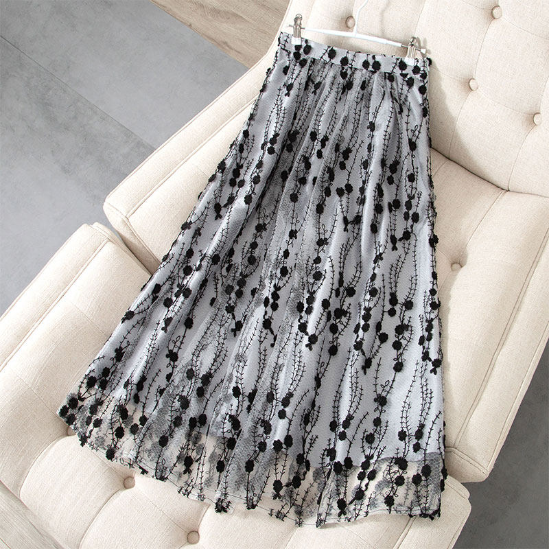 2021 summer new mesh embroidered skirt mid-length A-line skirt summer thin section