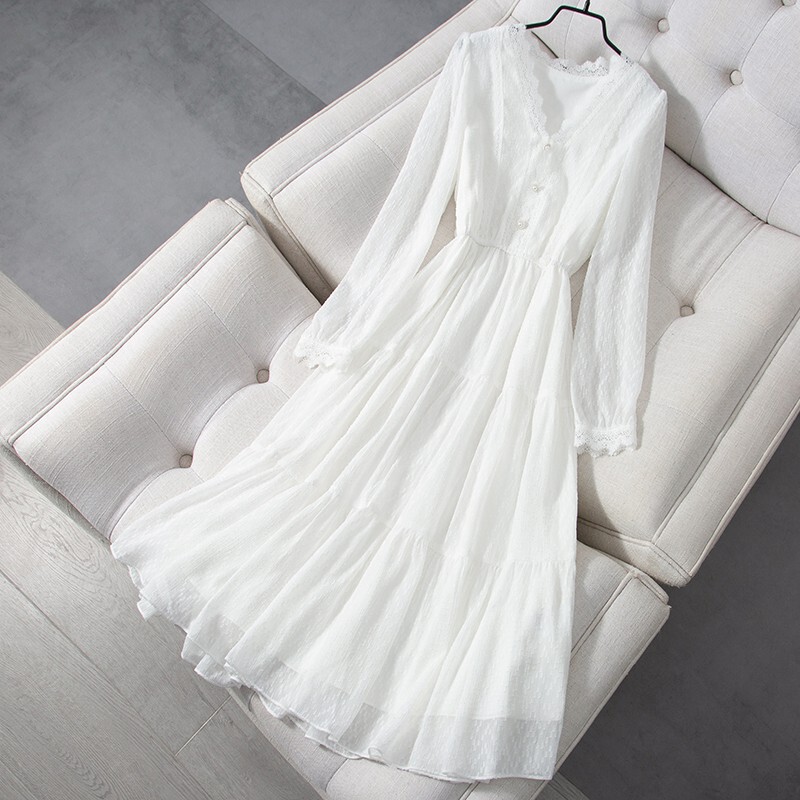 2026 Spring New White Chiffon Long-Sleeve Dress for Women, Summer Elegant French Style Dress, Tea Break, Super Beautiful and Slimming