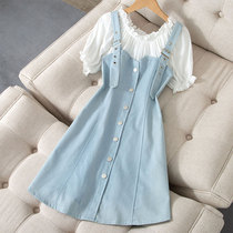2021 Summer vacation Two short sleeve denim splicing one-piece dress woman with long style sashimi to finish the waist temperament