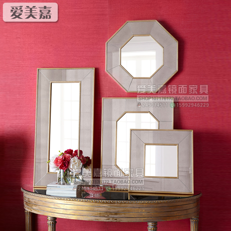 European-style sofa background wall hanging mirror Model room creative octagonal decorative mirror Combination art makeup mirror four-piece set