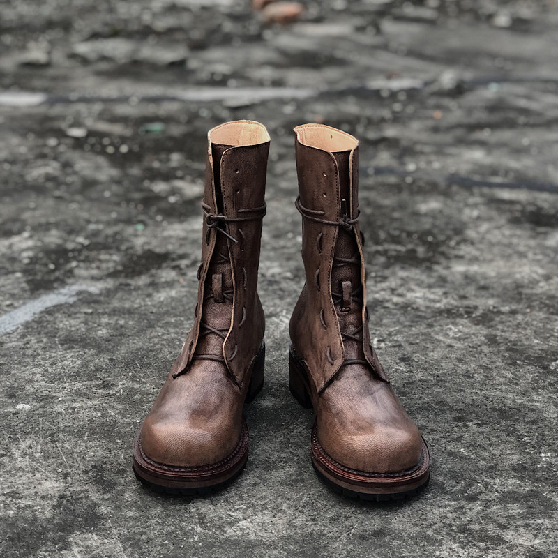 Ding Yin Studio ) The crowd original design of the cylindrical round head Martin boots retro thick knight boots hand - made women's shoes