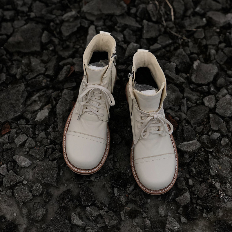 Ding-In Studio) Original Designer Handmade Women's Shoes Retro Round Head Tooling Rider Short Boots Cow Leather Martin boots