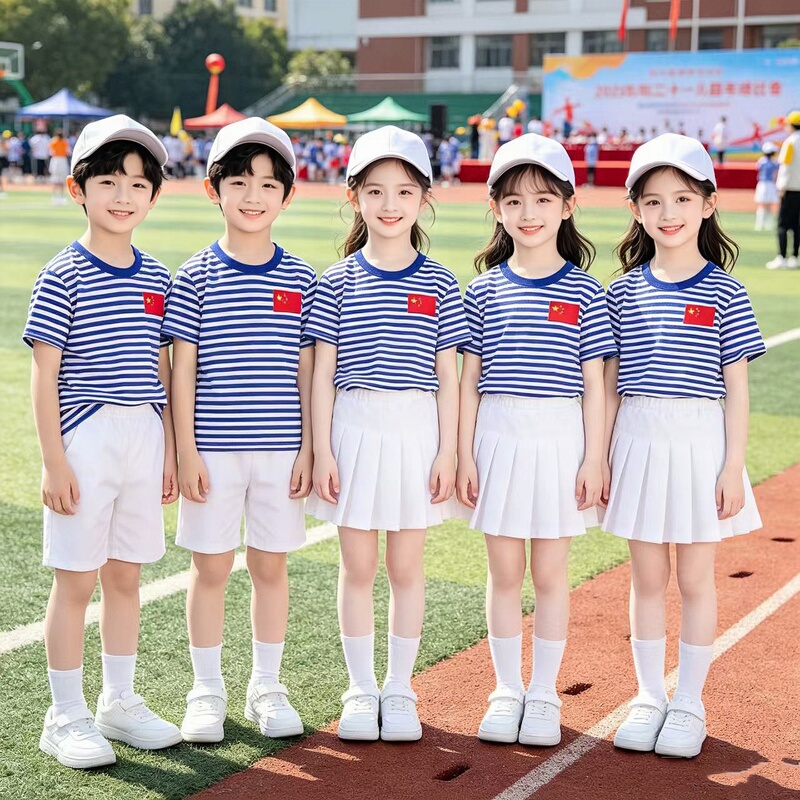 National Day Navy-Themed Performance Costumes Patriotic Theme Children's Sailor Shirt Short-Sleeve Set Blue and White Striped T-Shirt Parent-Child Outfit National Day Navy-Themed Performance Costumes Patriotic Theme Children's Sailor Shirt Short-Sleeve Set Blue and White Striped T-Shirt Parent-Child Outfit