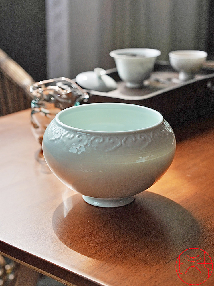 Seven Taste Original Antique Design Pure handmade lettering Ruyi Grass Water Spittoon Lake Tian Kiln Imitation large-capacity Home-Taobao