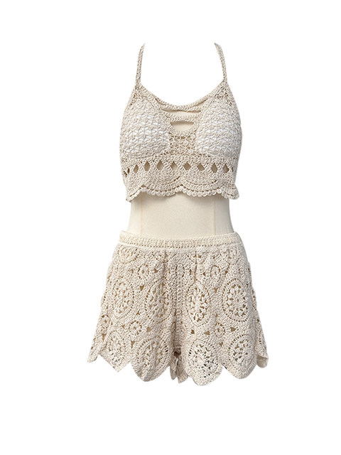 Beach vacation fashionable casual suit, feminine hollow knitted camisole, high-waisted wide-leg shorts two-piece set