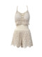 Beach vacation fashionable casual suit, feminine hollow knitted camisole, high-waisted wide-leg shorts two-piece set