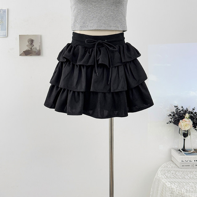 French style ruffled drawstring lace-up puffy skirt summer 2025 hot girl pleated A-line tiered cake skirt