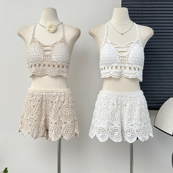 Beach Vacation Fashion Casual Suit, Feminine Hollow Knitted Camisole, High-Waisted Wide-Leg Shorts Two-Piece Set