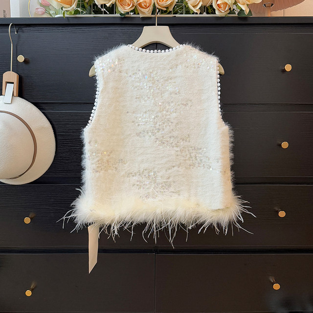 French lady style sparkling sequined fringed fur vest for women autumn 2025 loose single-breasted temperament top