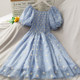 Sweet little fresh pleated waist and thin puff sleeve mesh skirt women's new embroidered daisy high waist dress