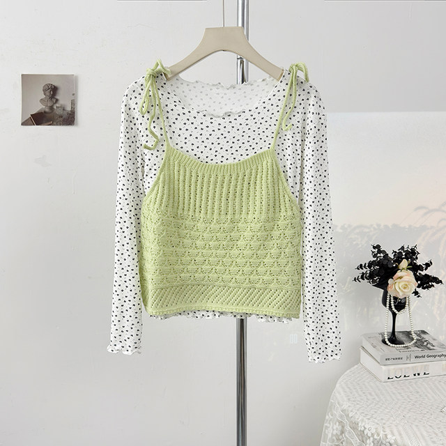 Sweet and fresh floral wood ear long-sleeved T-shirt for women spring 2026 layered knitted camisole two-piece set