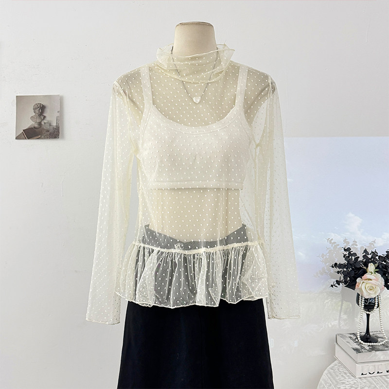 Женская кружевная рубашка в корейском стиле с высоким воротом и длинными рукавами в горошек, осень 2025, нишевый плиссированный топ с оборками