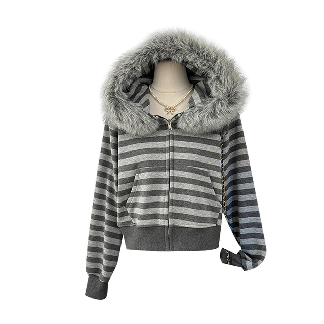 Korean style fashionable contrast striped zipper fur collar hooded jacket for women autumn 2025 design loose age-reducing top
