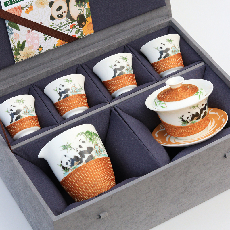 Intangible Cultural Heritage Porcelain Bamboo Tea Set, Gold Bamboo Thread Porcelain Cup, Sun Bird and Panda Gaiwan, Sichuan Specialty Souvenir